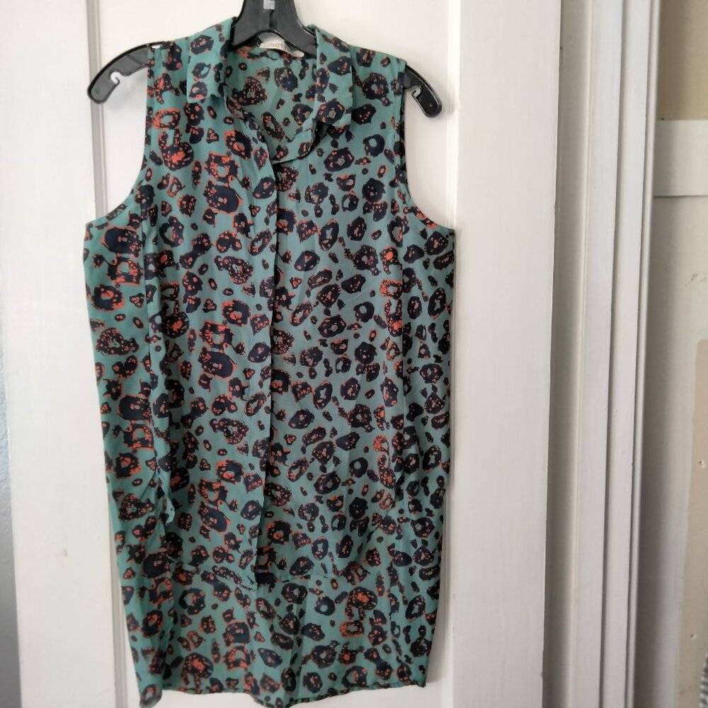 Liberty Love Leopard Print Teal Orange Button Down Blouse Sleeveless Hi Low Sz M